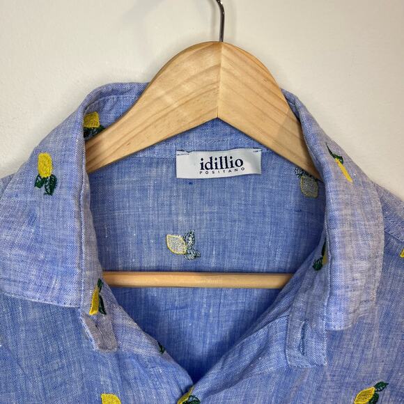 Idillio Positano Men's Button Down‎ 100% Linen Lemon Embroidered Size Medium LUX - Picture 3 of 7
